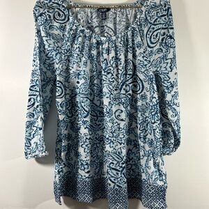 Chaps Denim Blue & White paisley design Boho Tunic Light Wt XL